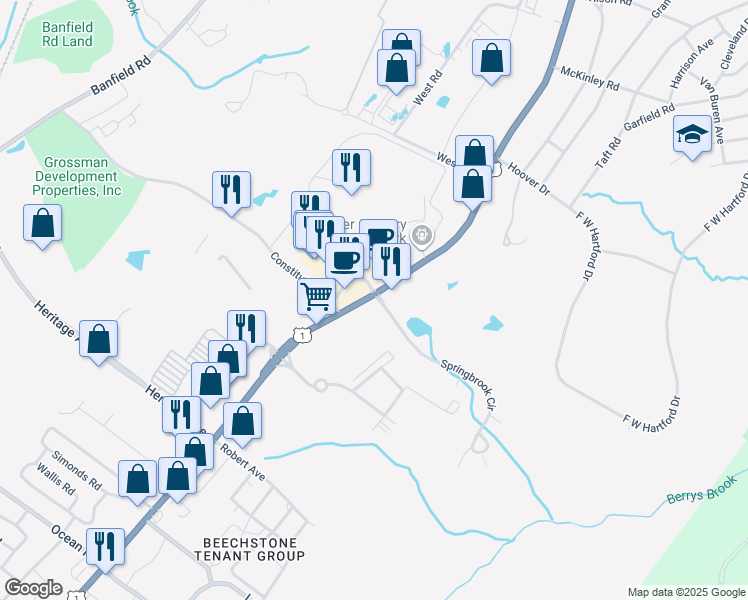 map of restaurants, bars, coffee shops, grocery stores, and more near 916 Spring Brook Circle in Portsmouth