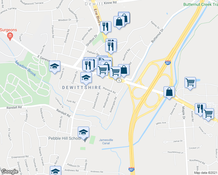 map of restaurants, bars, coffee shops, grocery stores, and more near 106 Wellington Road in Syracuse