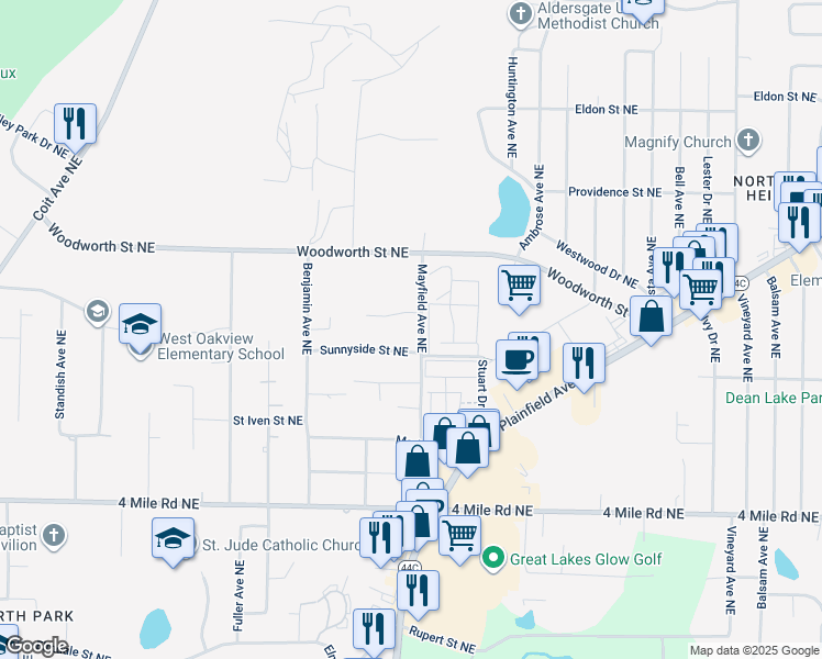 map of restaurants, bars, coffee shops, grocery stores, and more near 3855 Mayfield Avenue Northeast in Grand Rapids