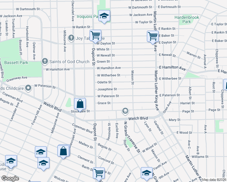 map of restaurants, bars, coffee shops, grocery stores, and more near 426 West Paterson Street in Flint