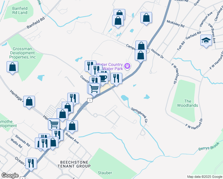 map of restaurants, bars, coffee shops, grocery stores, and more near 902 Spring Brook Circle in Portsmouth