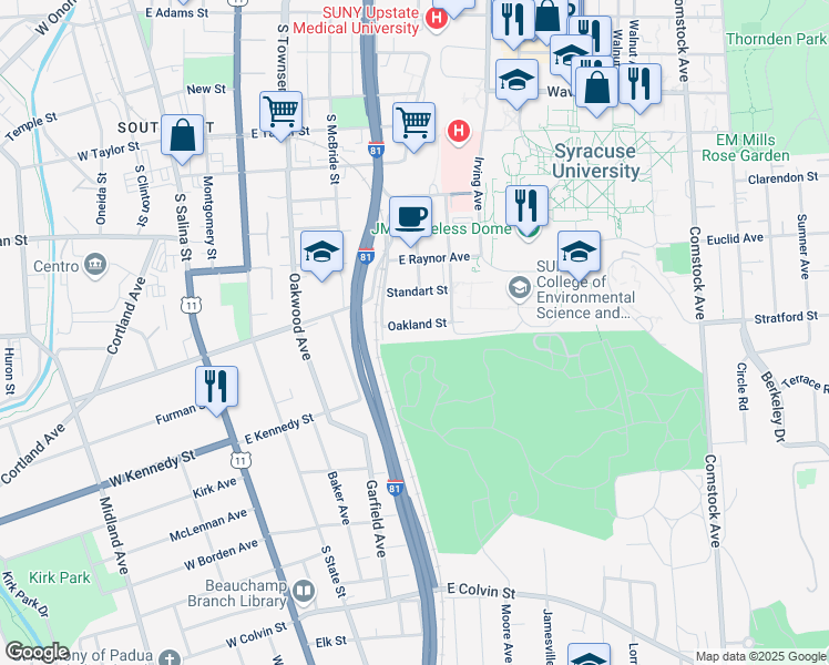 map of restaurants, bars, coffee shops, grocery stores, and more near 148-50 Oakland Street in Syracuse