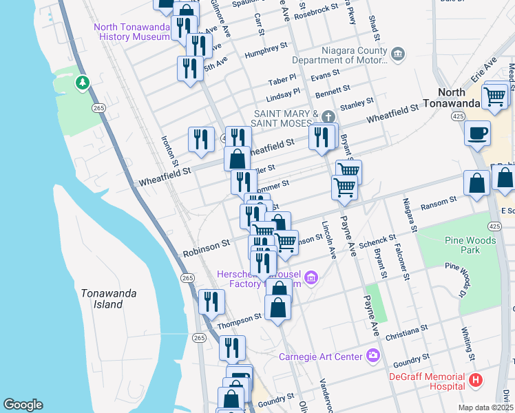map of restaurants, bars, coffee shops, grocery stores, and more near 68 Keil Street in North Tonawanda