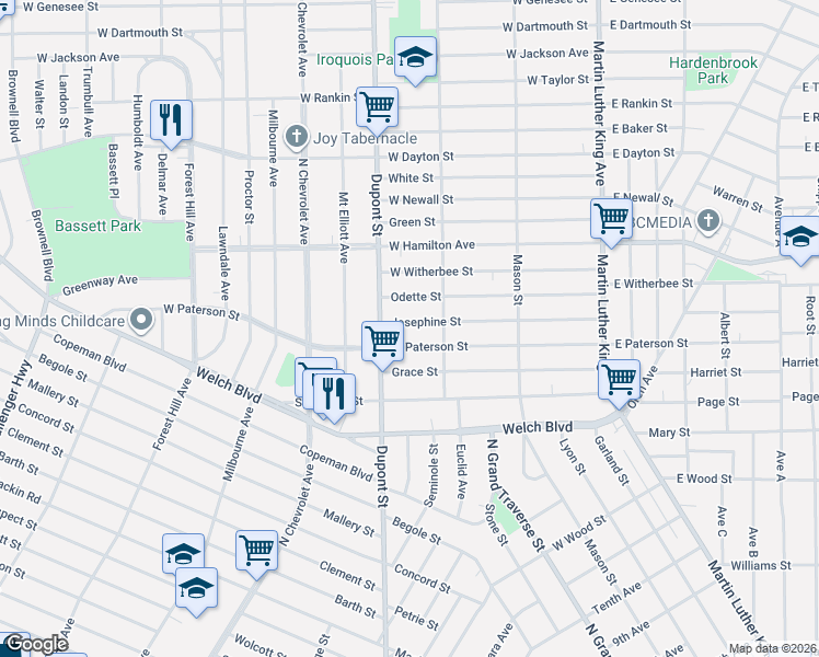 map of restaurants, bars, coffee shops, grocery stores, and more near 602 West Paterson Street in Flint