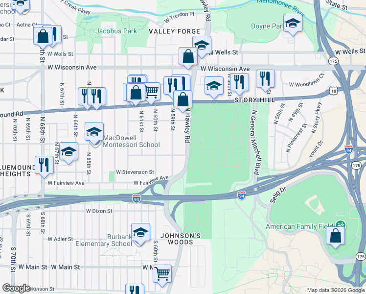 map of restaurants, bars, coffee shops, grocery stores, and more near 5820 West Park Hill Avenue in Milwaukee