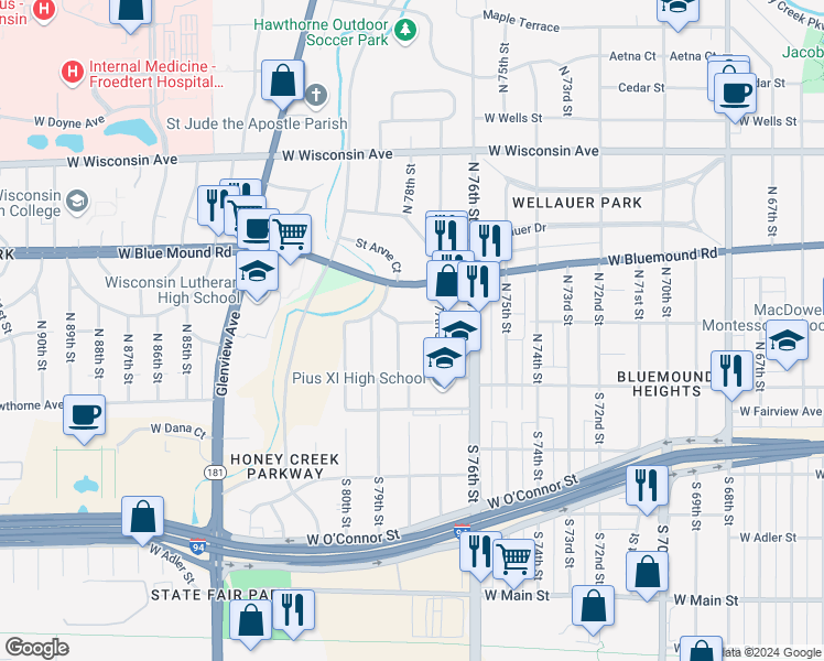 map of restaurants, bars, coffee shops, grocery stores, and more near 7729 West Mount Vernon Avenue in Milwaukee