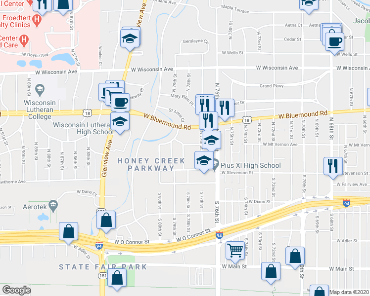 map of restaurants, bars, coffee shops, grocery stores, and more near 7729 West Mount Vernon Avenue in Milwaukee