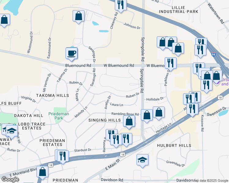 map of restaurants, bars, coffee shops, grocery stores, and more near 2008 Ruben Drive in Waukesha