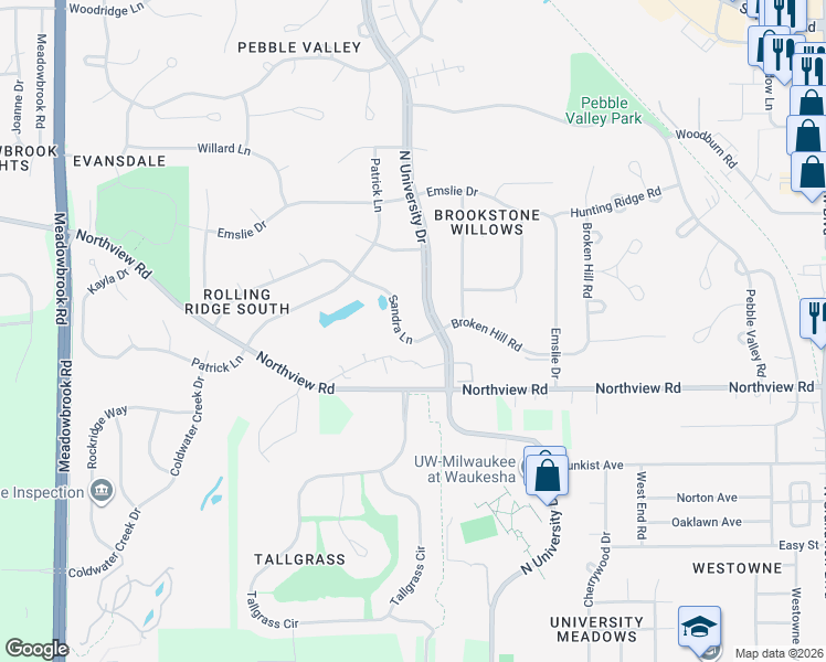 map of restaurants, bars, coffee shops, grocery stores, and more near 2714 Sandra Lane in Waukesha