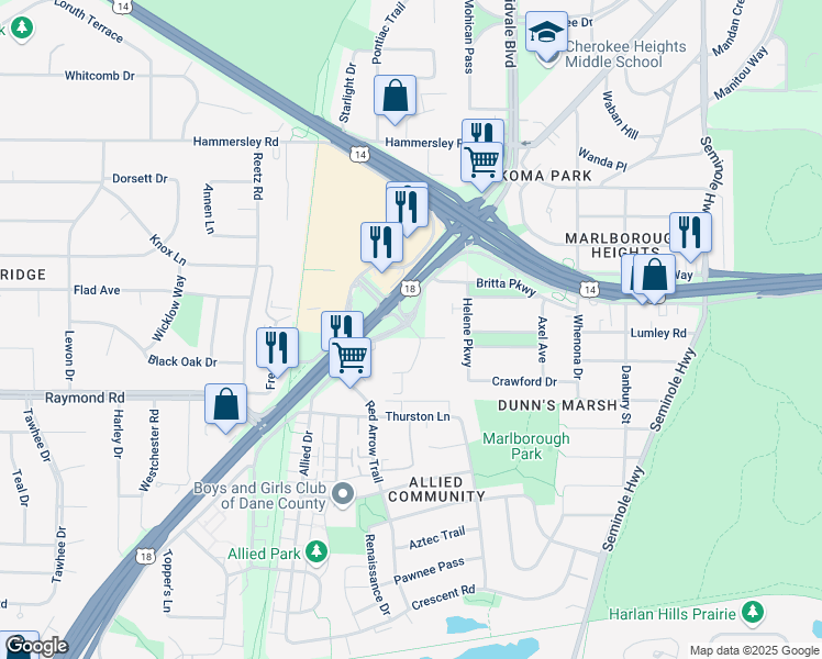 map of restaurants, bars, coffee shops, grocery stores, and more near 4641 Verona Road in Madison