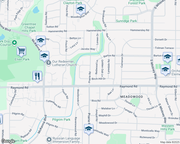 map of restaurants, bars, coffee shops, grocery stores, and more near 1801 Prairie Road in Madison