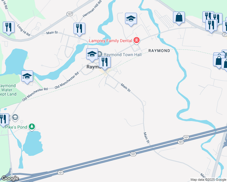 map of restaurants, bars, coffee shops, grocery stores, and more near 7 Moulton Street in Raymond
