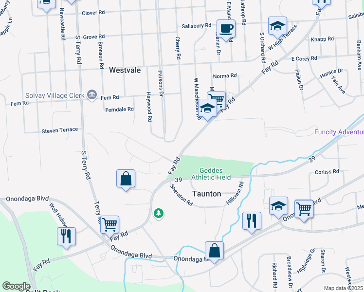 map of restaurants, bars, coffee shops, grocery stores, and more near 856 Fay Road in Syracuse