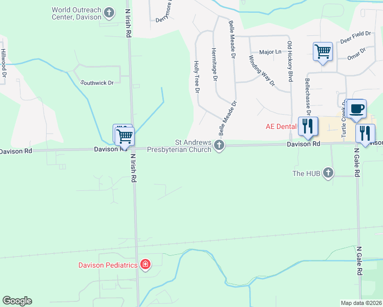 map of restaurants, bars, coffee shops, grocery stores, and more near 8130 Davison Road in Davison