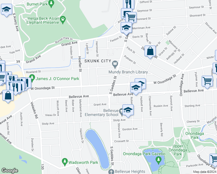 map of restaurants, bars, coffee shops, grocery stores, and more near 1311 West Onondaga Street in Syracuse