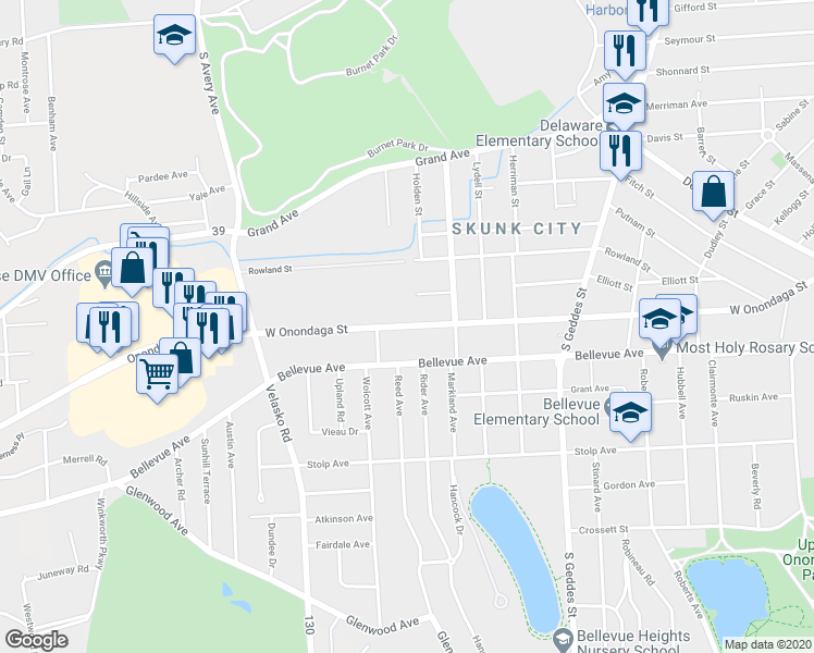 map of restaurants, bars, coffee shops, grocery stores, and more near 1647 West Onondaga Street in Syracuse