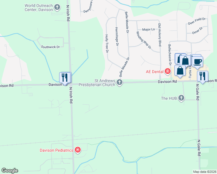map of restaurants, bars, coffee shops, grocery stores, and more near 8130 Davison Road in Davison