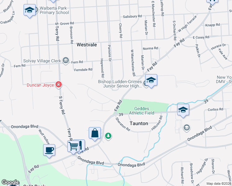 map of restaurants, bars, coffee shops, grocery stores, and more near 635 Cherry Road in Syracuse