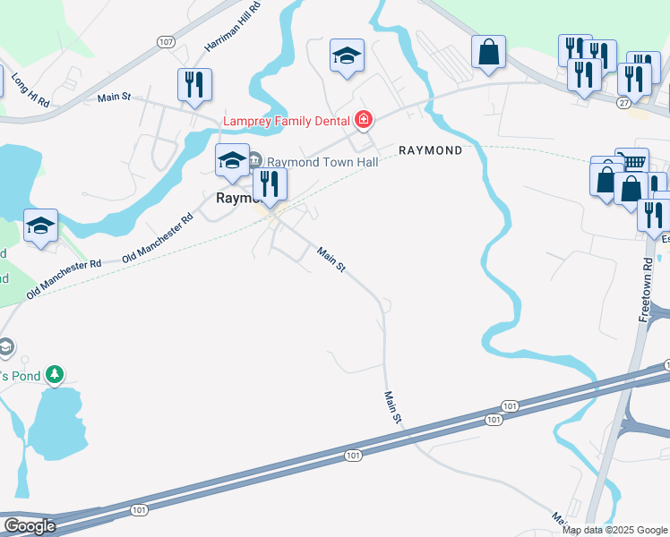 map of restaurants, bars, coffee shops, grocery stores, and more near 95 Main Street in Raymond