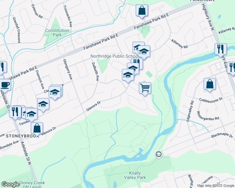 map of restaurants, bars, coffee shops, grocery stores, and more near 1381 Glenora Drive in London