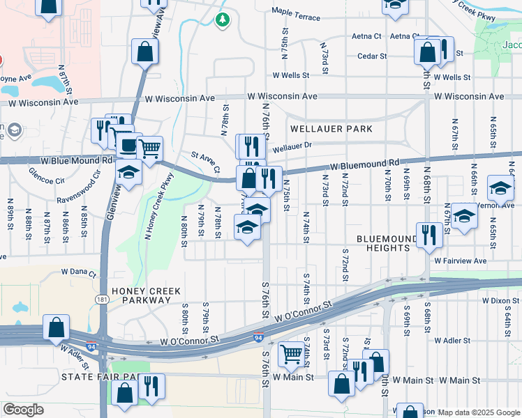 map of restaurants, bars, coffee shops, grocery stores, and more near 218 North 77th Street in Milwaukee
