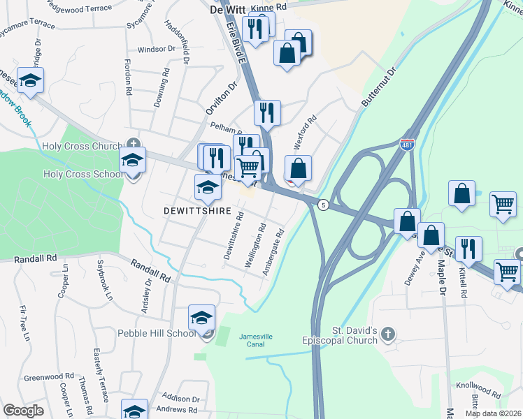 map of restaurants, bars, coffee shops, grocery stores, and more near 107 Wellington Road in Syracuse