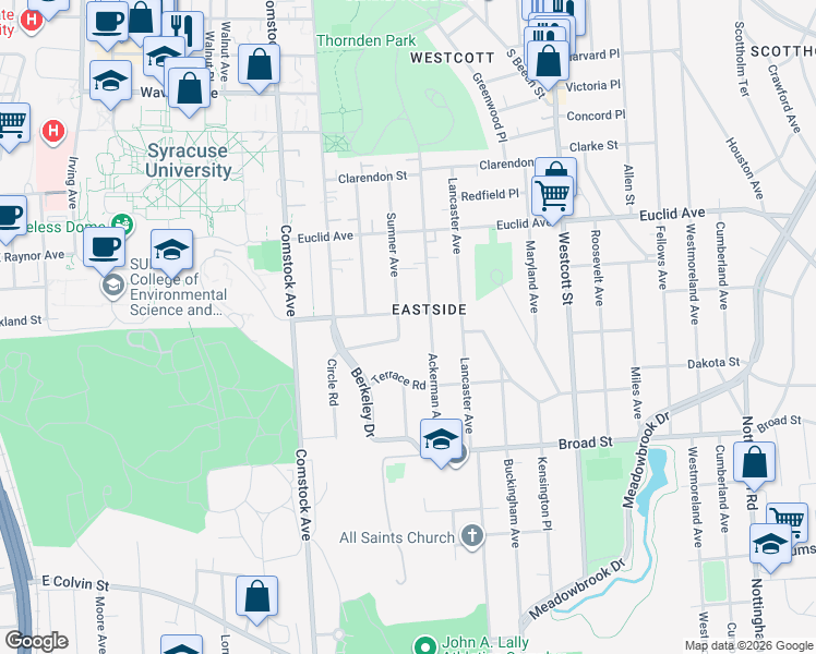map of restaurants, bars, coffee shops, grocery stores, and more near 122 Dorset Road in Syracuse