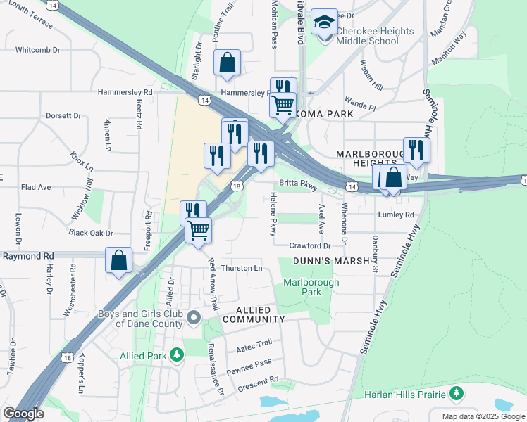 map of restaurants, bars, coffee shops, grocery stores, and more near 4627 Verona Road in Madison