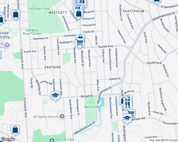 map of restaurants, bars, coffee shops, grocery stores, and more near 300 Roosevelt Avenue in Syracuse