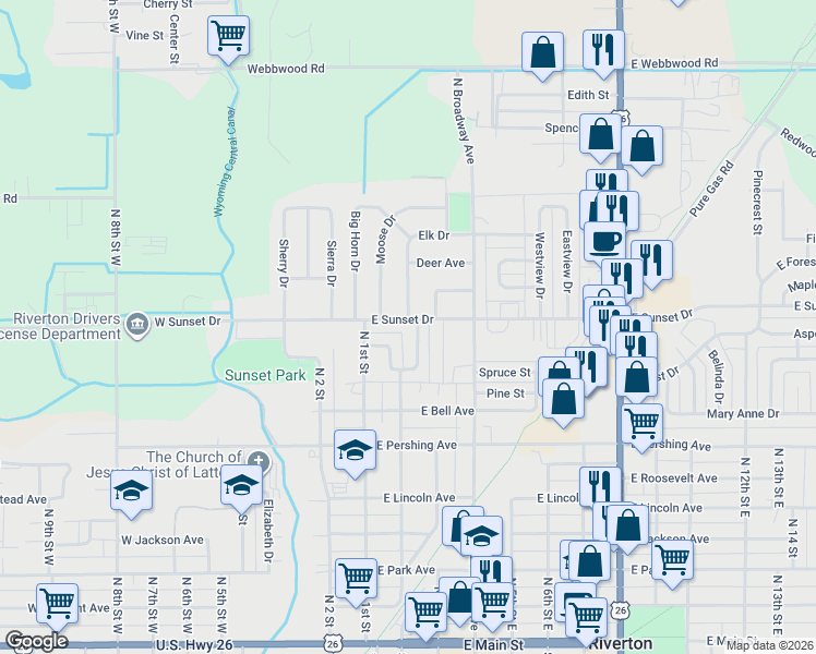 map of restaurants, bars, coffee shops, grocery stores, and more near 227 Valley Circle in Riverton