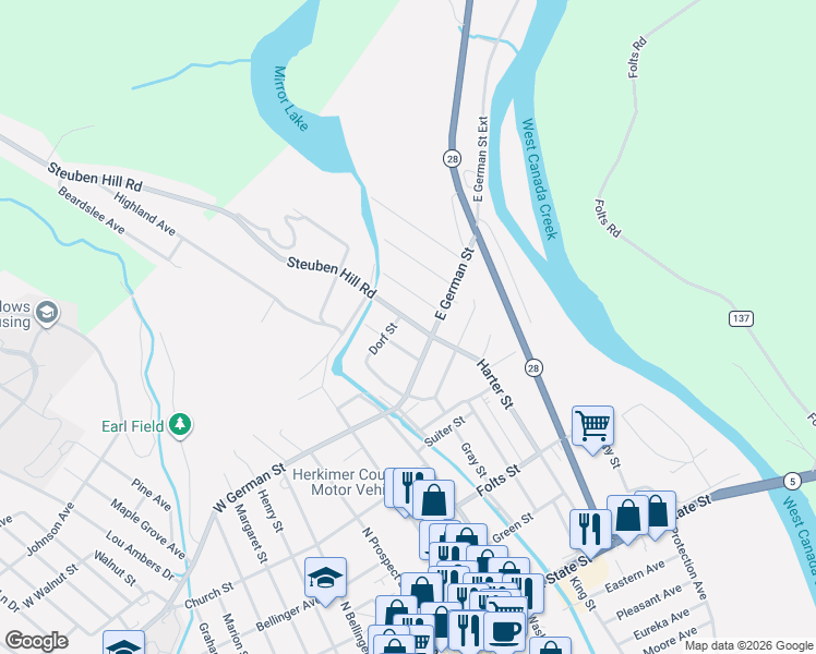 map of restaurants, bars, coffee shops, grocery stores, and more near 501-507 Steuben Road in Herkimer