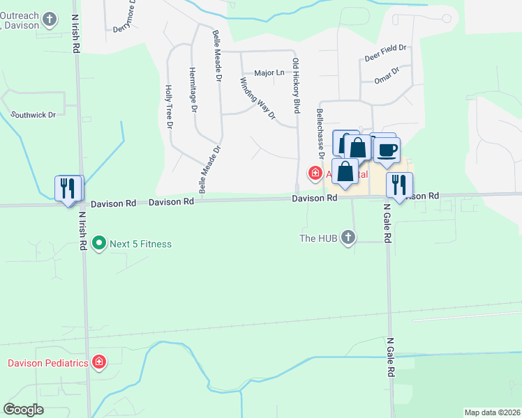 map of restaurants, bars, coffee shops, grocery stores, and more near 8280 Davison Road in Davison