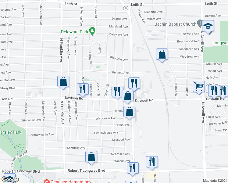 map of restaurants, bars, coffee shops, grocery stores, and more near 2522 Churchill Avenue in Flint