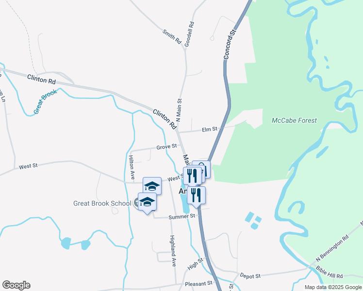 map of restaurants, bars, coffee shops, grocery stores, and more near 100 Main St in Antrim