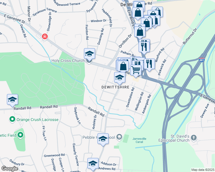 map of restaurants, bars, coffee shops, grocery stores, and more near 209 Cornwall Drive in Syracuse