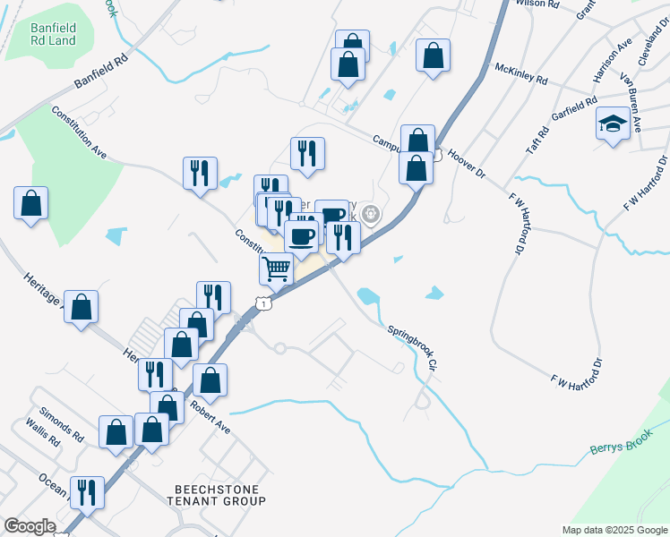 map of restaurants, bars, coffee shops, grocery stores, and more near 902 Spring Brook Circle in Portsmouth