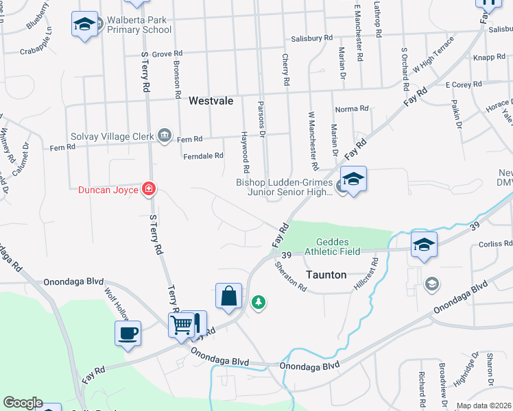 map of restaurants, bars, coffee shops, grocery stores, and more near 204R Ludden Parkway in Syracuse