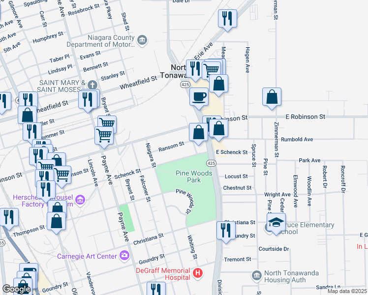 map of restaurants, bars, coffee shops, grocery stores, and more near 454 Schenck Street in North Tonawanda