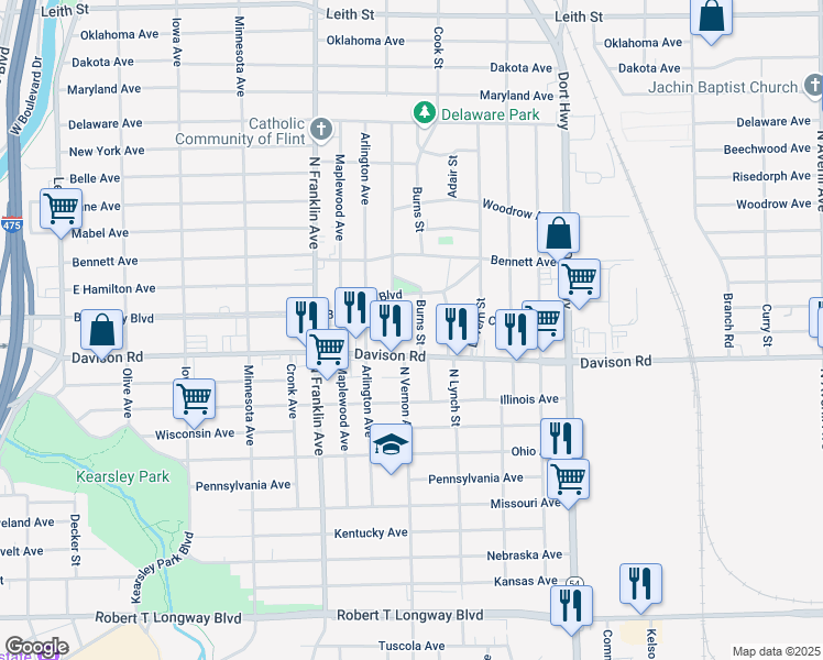 map of restaurants, bars, coffee shops, grocery stores, and more near 1910 Burns Street in Flint