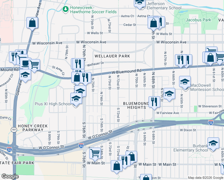 map of restaurants, bars, coffee shops, grocery stores, and more near 222 North 73rd Street in Milwaukee