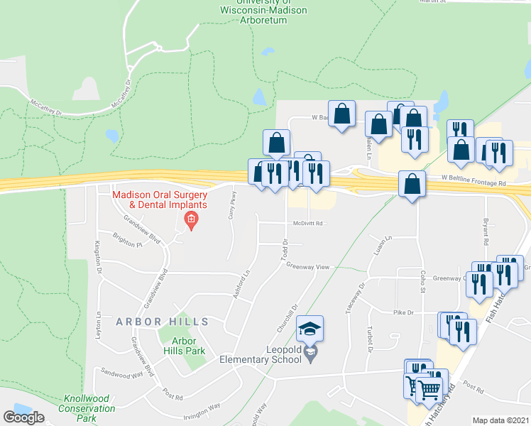 map of restaurants, bars, coffee shops, grocery stores, and more near 2710 McDivitt Road in Madison