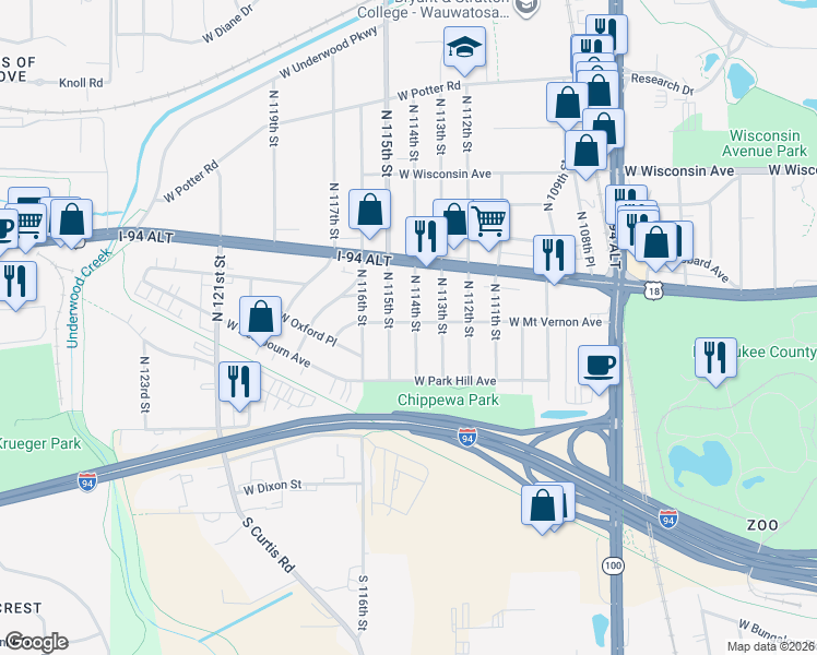 map of restaurants, bars, coffee shops, grocery stores, and more near 11407 West Mount Vernon Avenue in Wauwatosa
