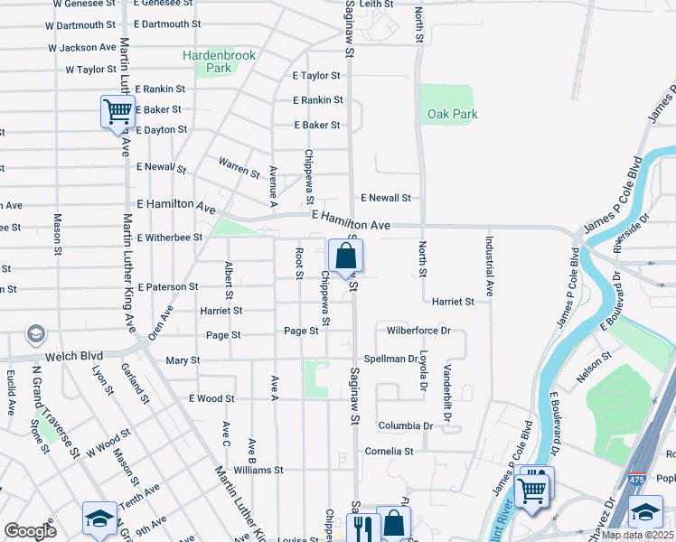 map of restaurants, bars, coffee shops, grocery stores, and more near 609 East Paterson Street in Flint