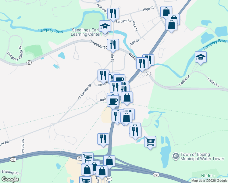 map of restaurants, bars, coffee shops, grocery stores, and more near 57 Main Street in Hampton