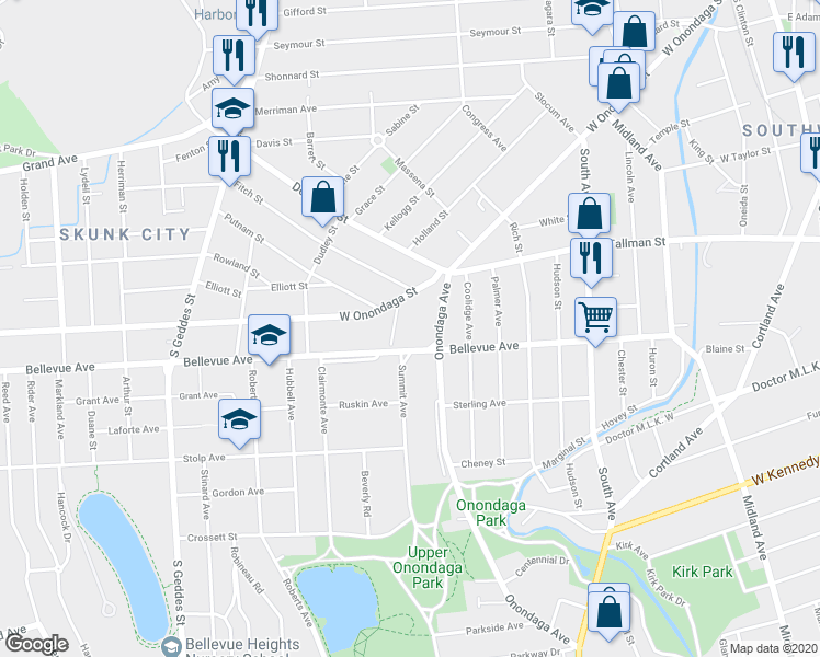 map of restaurants, bars, coffee shops, grocery stores, and more near 812 Bellevue Avenue in Syracuse