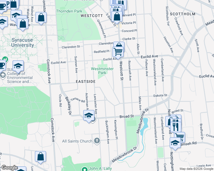 map of restaurants, bars, coffee shops, grocery stores, and more near 146 Westminster Avenue in Syracuse