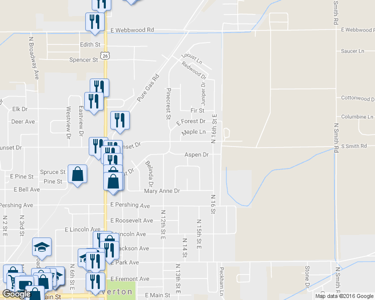 map of restaurants, bars, coffee shops, grocery stores, and more near 1306 Aspen Drive in Riverton
