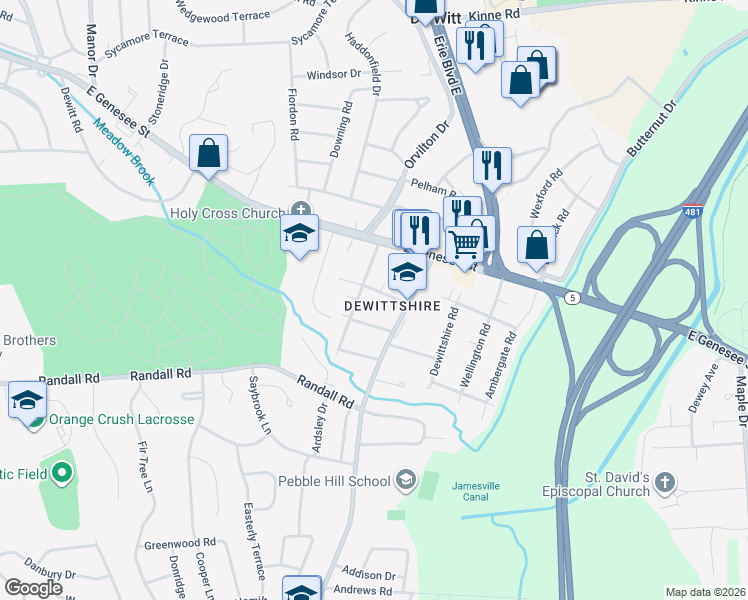 map of restaurants, bars, coffee shops, grocery stores, and more near 104 Charing Road in Syracuse