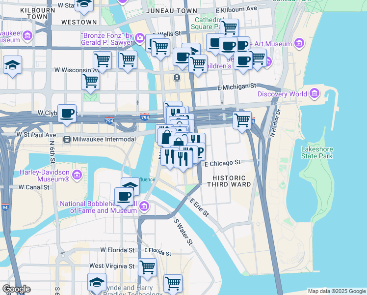 map of restaurants, bars, coffee shops, grocery stores, and more near N Broadway & E Buffalo St in Milwaukee
