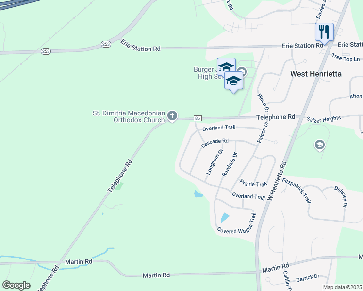 map of restaurants, bars, coffee shops, grocery stores, and more near 97 Overland Trail in West Henrietta